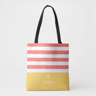 Breedkoraal Horizontale Stripes Gele naam Daisy Tote Bag
