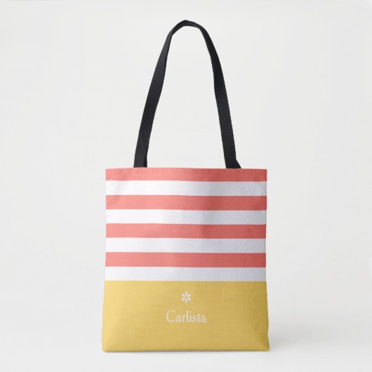 Breedkoraal Horizontale Stripes Gele naam Daisy Tote Bag (Voorkant)