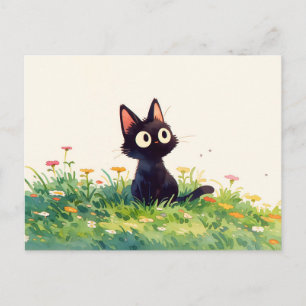 Breedogige Waterverf Kawaii Zwarte Kat Briefkaart