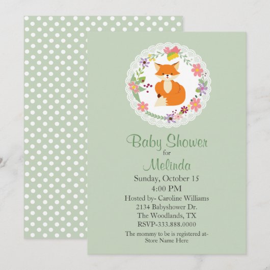 Breedte met Fox Green Baby shower Invitation Kaart (Voorkant / Achterkant)