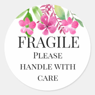 Breekbaar behandel alsjeblieft met zorg geel roze ronde sticker