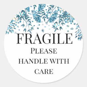 Breekbaar behandel met zorg blauw/blauwgroen flora ronde sticker