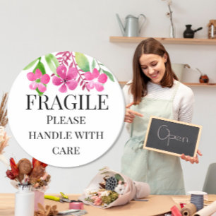 Breekbaar, behandel met zorg geel roze bloemen ronde sticker