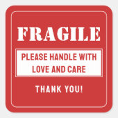 Breekbaar handvat met zorg mailen en verpakken vierkante sticker (Voorkant)