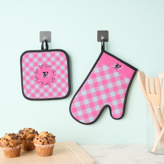 "Breezy Blue, Hot Pink" Gingham Ovenwant & Pannenlap Set (Insitu(Ophanging))