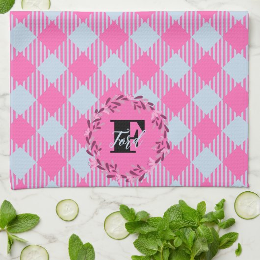 "Breezy Blue, Hot Pink" Gingham Theedoek (Gevouwen)