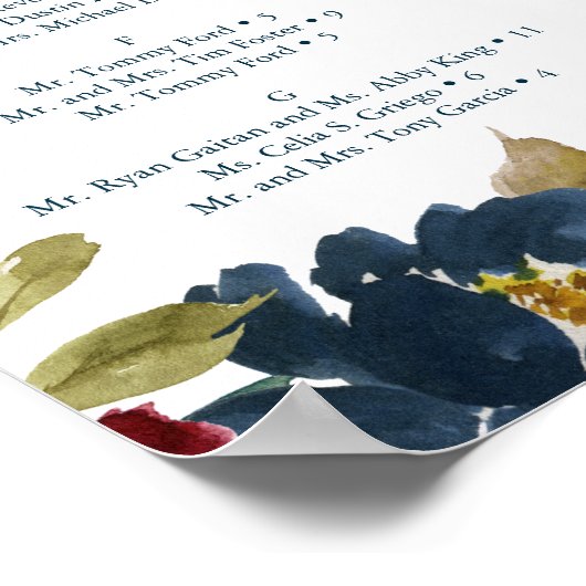 Breezy Burgundy Navy Wedding Seating Chart Poster (Hoek)