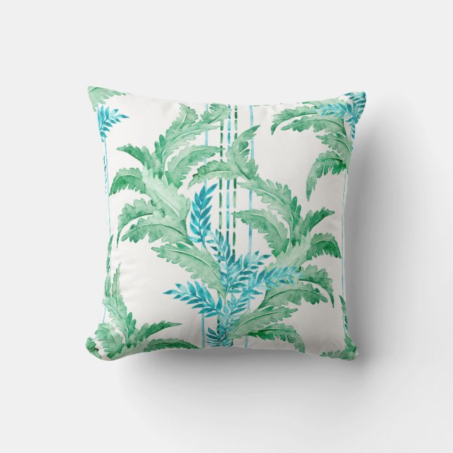 Breezy Cool Blauw en Groene Waterverf Bladeren Kussen (Voorkant)