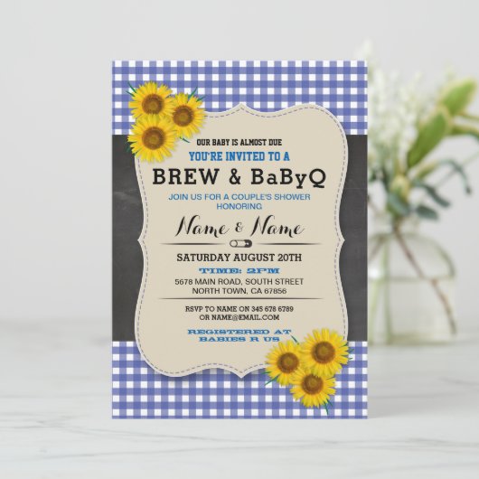 Brei en BABYQ Baby shower Blue Sunflower Invite Kaart (Staand voorkant)