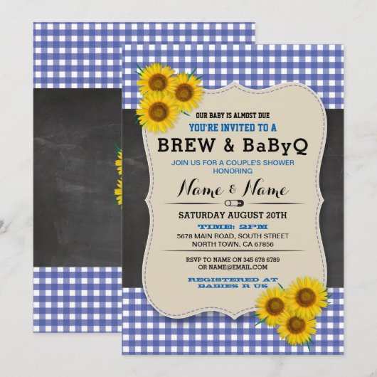 Brei en BABYQ Baby shower Blue Sunflower Invite Kaart (Voorkant / Achterkant)