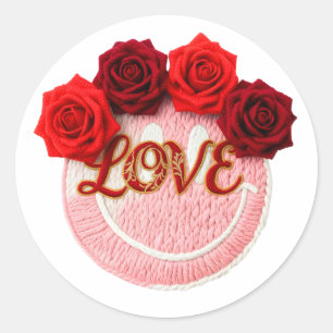 Brei glimlachend gezicht rode roos liefde valentij ronde sticker