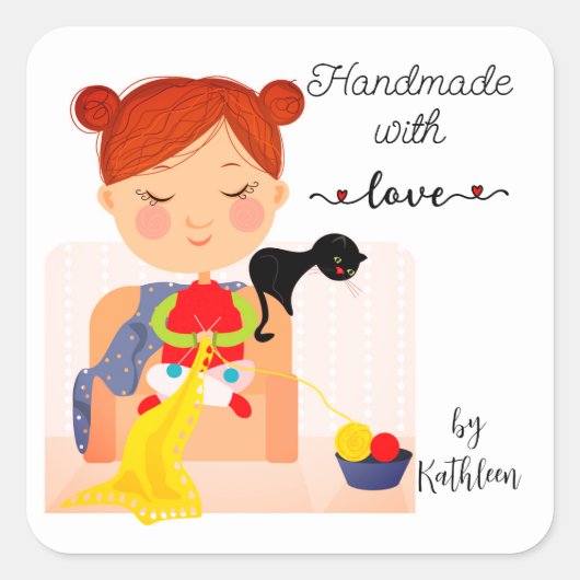 Breien Handgemaakt met Liefde Gepersonaliseerde St Vierkante Sticker (Voorkant)