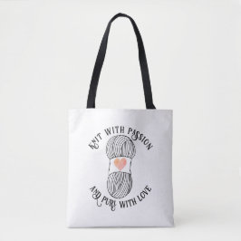 Breien slogan breien met passie, paars met liefde tote bag