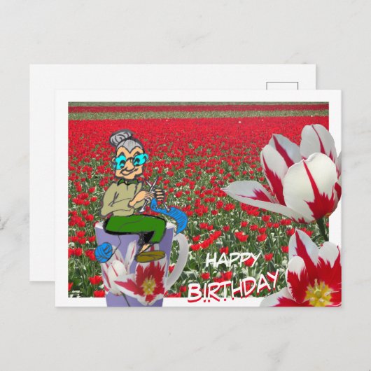 Breiende vrouw op tulpen mok verjaardagskaart briefkaart (Voorkant / Achterkant)