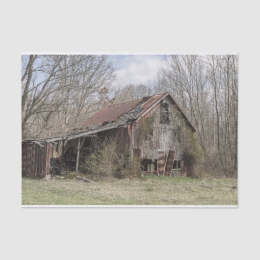 Breken omlaag Barn Amidst Bare Trees en Scrub Stru Tissuepapier (Voorkant)