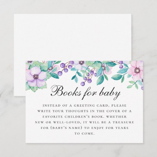 Breng boek voor baby verzoek. Paarse roze bloemen Informatiekaartje (Voorkant / Achterkant)