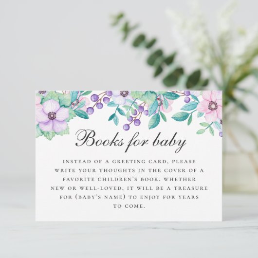 Breng boek voor baby verzoek. Paarse roze bloemen Informatiekaartje (Staand voorkant)