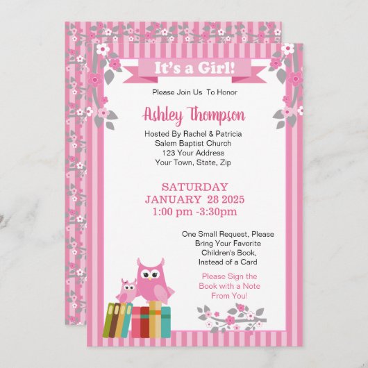 Breng een Baby shower van het Boekroze Etiket Kaart (Voorkant / Achterkant)