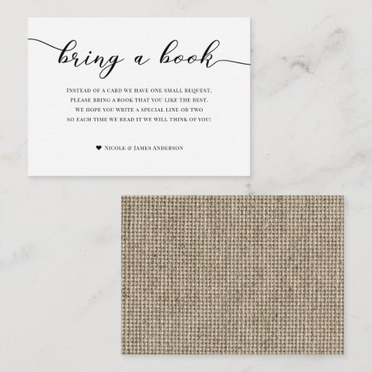 Breng een boek Baby shower behuizing Burlap Sackin Informatiekaartje (Voorkant / Achterkant)