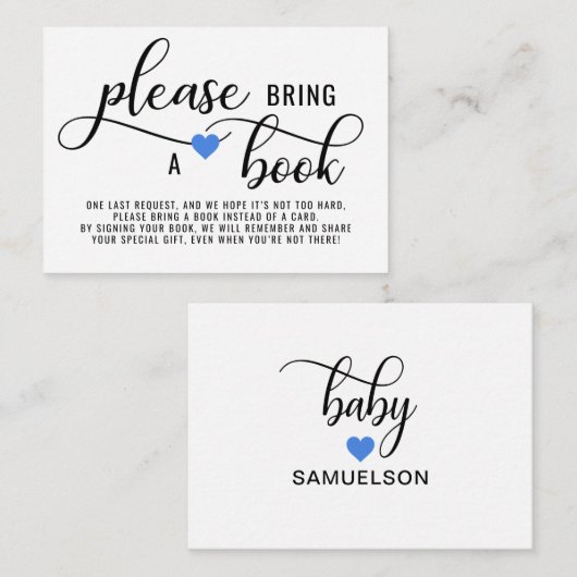 BRENG EEN BOEK blauw Baby shower VAN HET Hart Informatiekaartje (Voorkant / Achterkant)