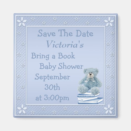 Breng een Boek Blue Teddy Baby shower Save the Dat Magneet (Voorkant)