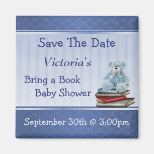 Breng een Boek Blue Teddy Baby shower Save the Dat Magneet