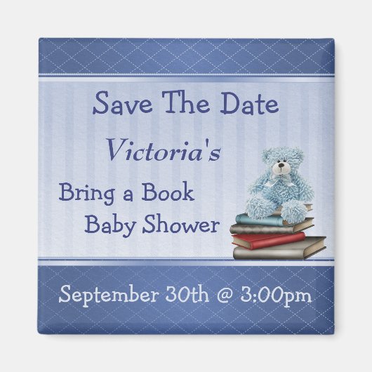 Breng een Boek Blue Teddy Baby shower Save the Dat Magneet (Voorkant)