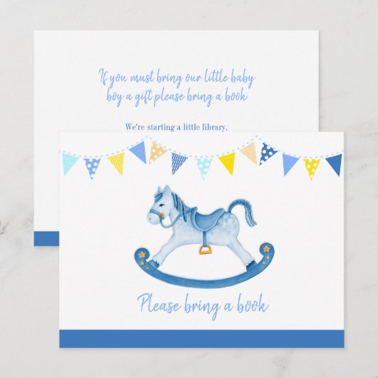 Breng een boek hobbelpaard babyshower blauwe kaart (Voorkant / Achterkant)