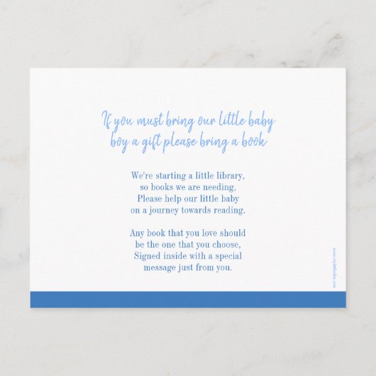 Breng een boek hobbelpaard babyshower blauwe kaart (Achterkant)