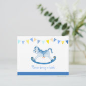 Breng een boek hobbelpaard babyshower blauwe kaart (Staand voorkant)