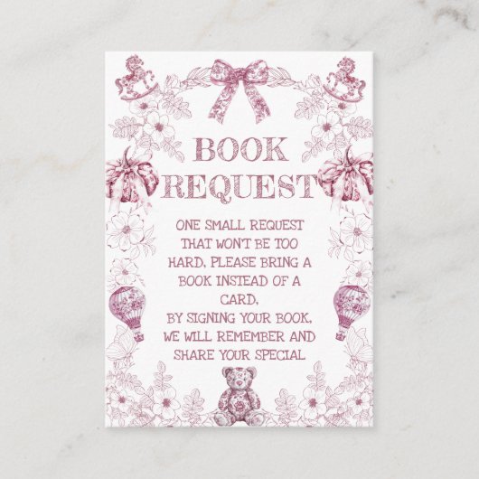 Breng een boek Toile Floral Frans roze Baby shower Informatiekaartje (Voorkant)