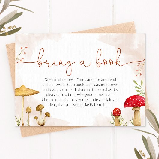 Breng een boekenkaart voor baby shower, paddenstoe informatiekaartje