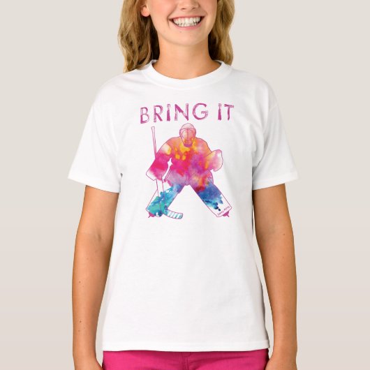 Breng het meisjes roze ijshockey keeper waterverf t-shirt (Voorkant)