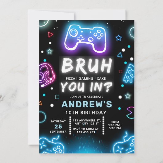 BRENG JE BINNEN? Neon Gamer Verjaardag Uitnodiging (Voorkant)