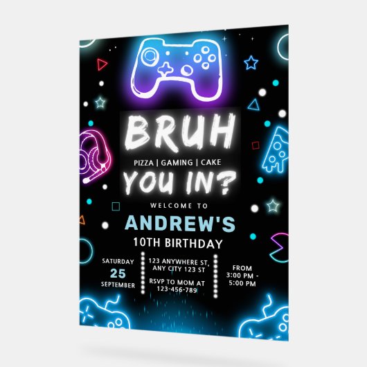 BRENG JE BINNEN? Neon Gamer Verjaardag Uitnodiging Acryl Bord (Hoek)