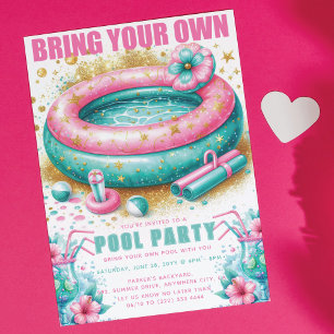 Breng Je Eigen Zwembadfeest Roze Turquoise glitter Kaart
