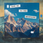 Breng me naar de bergen legpuzzel<br><div class="desc">uitzicht van een bergketen met prachtige blauwe lucht met inspirerend quote.</div>