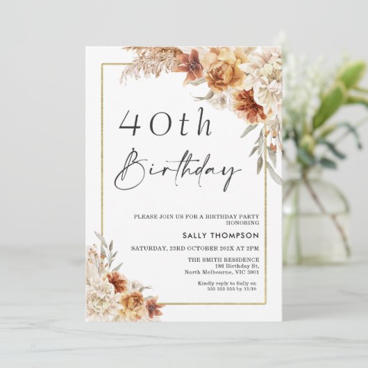 Brent Oranje Boho Pampas Grass Gold Lijst Birthday Kaart (Staand voorkant)