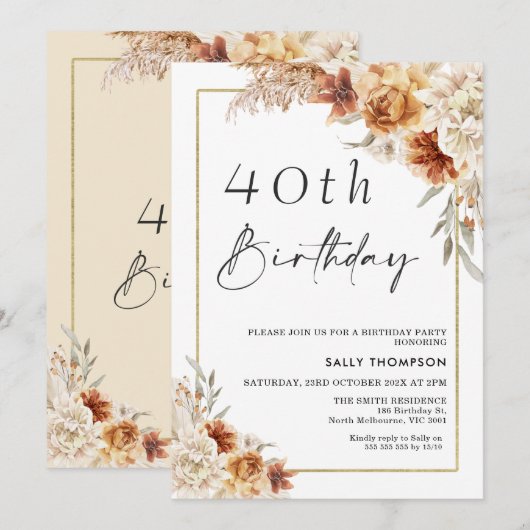 Brent Oranje Boho Pampas Grass Gold Lijst Birthday Kaart (Voorkant / Achterkant)