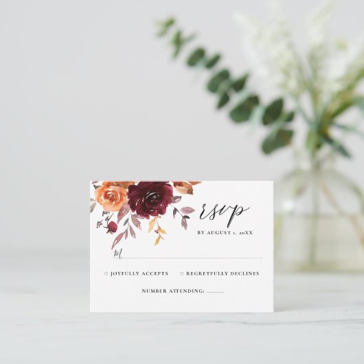 Brent Oranje Bourgogne Floral Rust Wedding RSVP En Informatiekaartje (Staand voorkant)