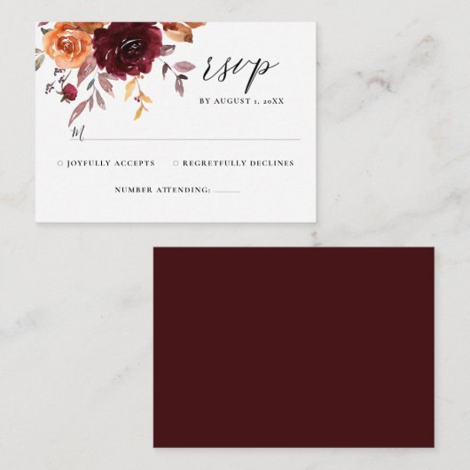 Brent Oranje Bourgogne Floral Rust Wedding RSVP En Informatiekaartje (Voorkant / Achterkant)