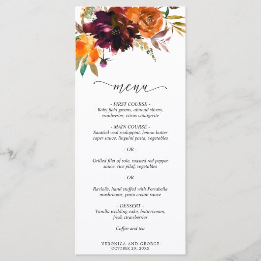 Brent Oranje Bourgogne Herfst Floral Rustic Weddin Menu (Voorkant)
