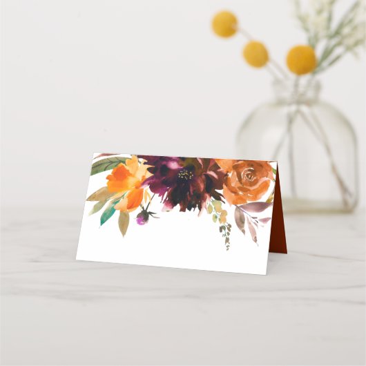 Brent Oranje Bourgogne Herfst Floral Rustic Weddin Plaatskaartje (Voorkant)