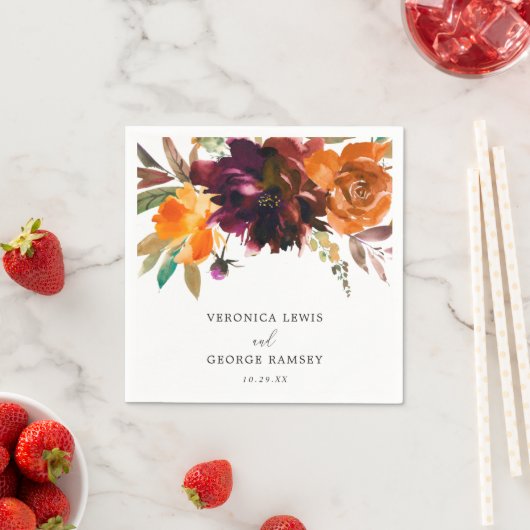 Brent Oranje Bourgogne Herfst Floral Rustic Weddin Servet (Insitu)