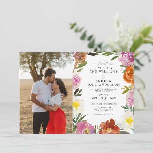 Brent Oranje Floral Blossom Aangepast fotohuwelijk Kaart (Staand voorkant)