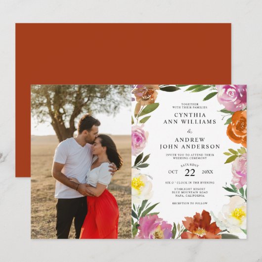 Brent Oranje Floral Blossom Aangepast fotohuwelijk Kaart (Voorkant / Achterkant)