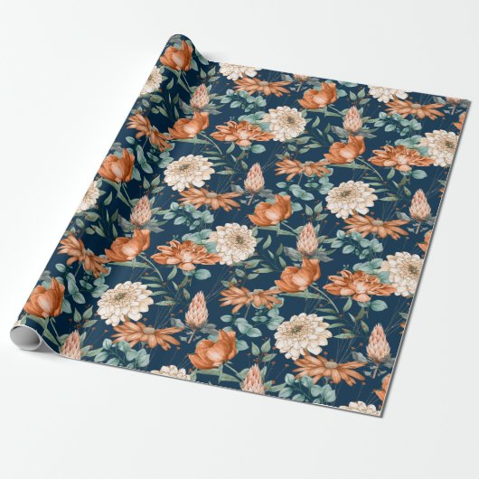 Brent Oranje Floral Greenery Pattern Cadeaupapier (Uitgerold)