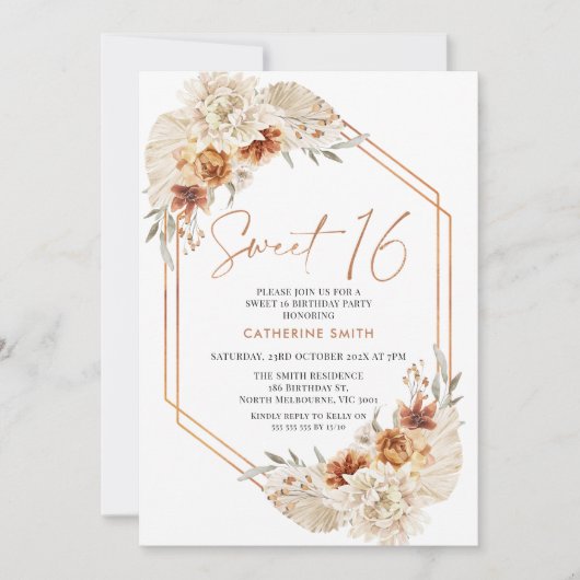 Brent Sinaasappel Boho Floral Sweet 16 Birthday Kaart (Voorkant)