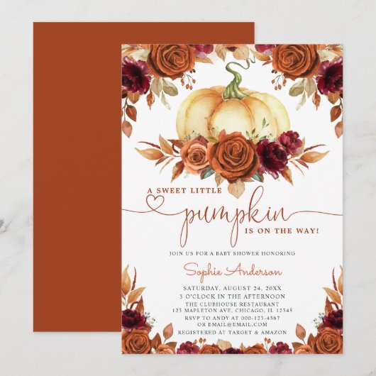 Brent Sinaasappel Bourgogne Floral Pumpkin Baby sh Kaart (Voorkant / Achterkant)