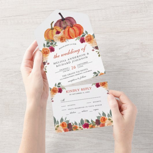 Brent Sinaasappel en Bourgogne Floral Pumpkin Wedd All In One Uitnodiging (Afscheurbaar)